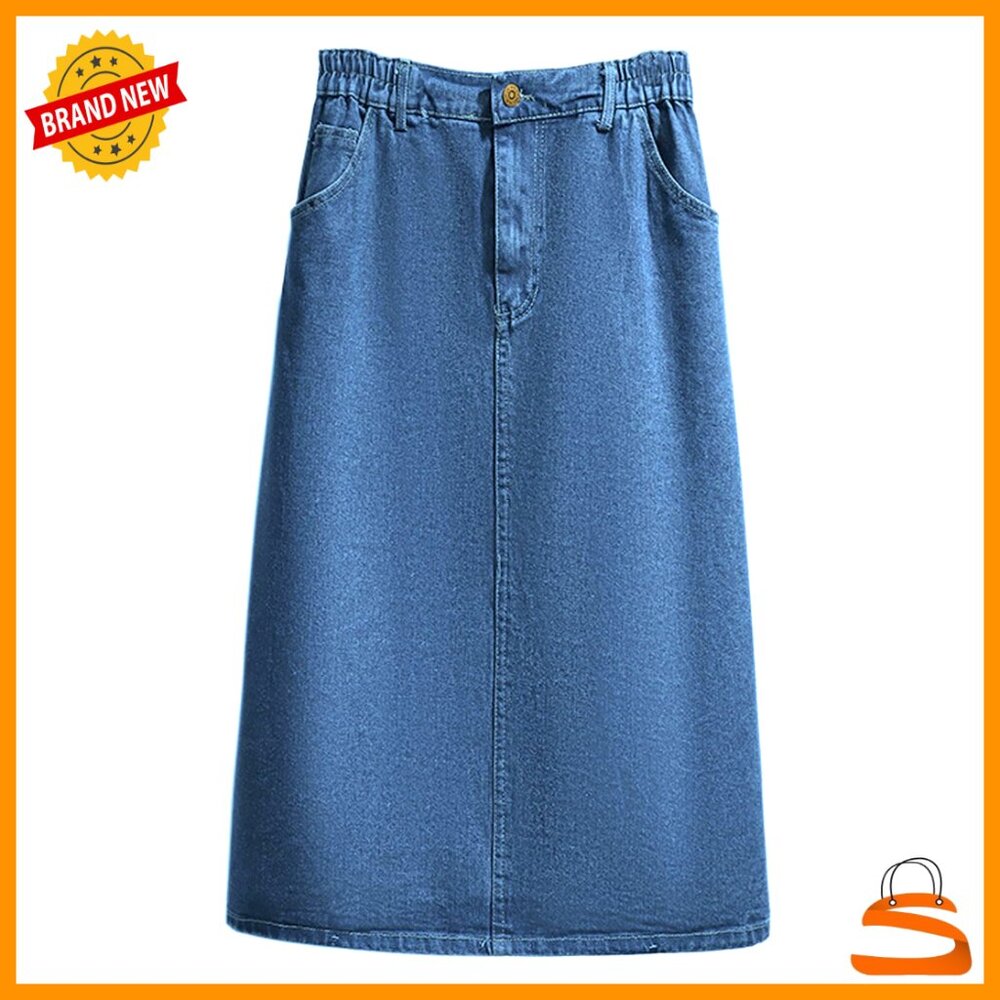 Stretchy Denim Midi Skirt With Pockets, Elastic Waist A-Line Flare